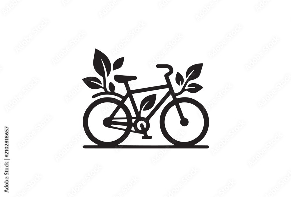 Fototapeta premium Eco-friendly bicycle icon with growing leaves, green transport concept vector, sustainable urban mobility symbol for environmental branding