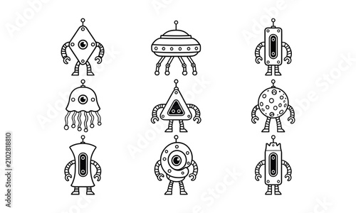 Whimsical set of nine alien characters in black and white line art style for creative projects