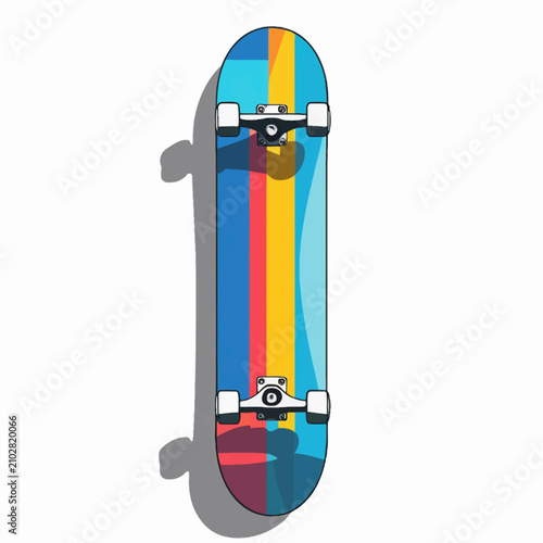 Colorful striped skateboard with wheels and trucks casting a shadow.