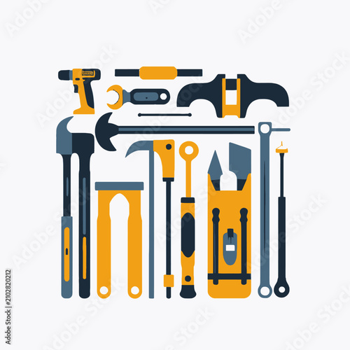 Collection of various construction and repair tools arranged neatly.