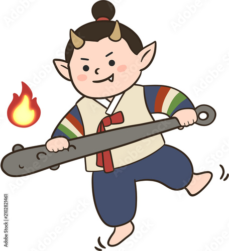 도깨비불과 함께 커다란 방망이를 휘두르는 귀여운 꼬마 도깨비 캐릭터