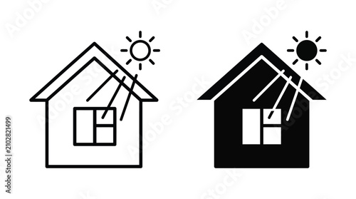 House and sunlight icon set showing home energy efficiency and solar power concepts for eco design
