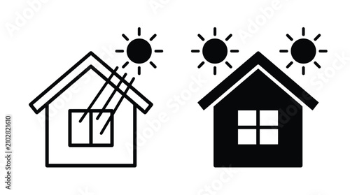House and sunlight icon set showing home energy efficiency and solar power concepts for eco design
