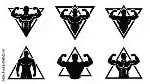 Tableau sur toile Bodybuilding and fitness icon set showing muscular silhouettes for gym, strength