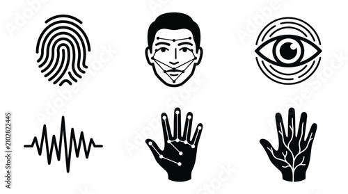 Photos Biometric identification icon set showing fingerprint, face, eye, and hand recog