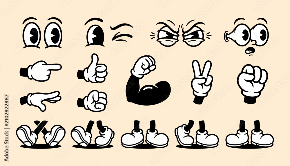 Fototapeta premium Retro cartoon character body parts elements set with character expression illustration animation collection humanoid pointing