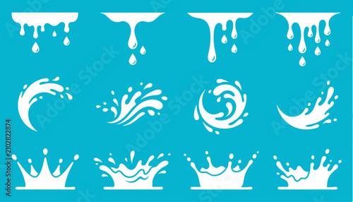 Foto Set of white liquid splashes and drips on blue background design elements with a