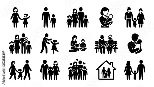Quadro su tela Solid family silhouette icon collection showing parents, children, grandparents, babies, pregnancy, home life, caregiving, and family activities