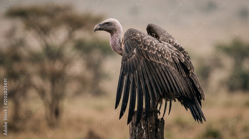 Fototapeta premium African white backed vulture bird perched on a wooden post with open wings for international vulture awareness day conservation campaign
