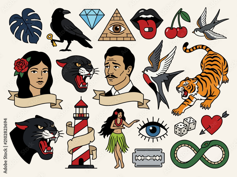 Obraz premium Collection of traditional tattoo flash icons featuring panther heads, tiger, lighthouse, and classic symbols in vintage old school style.