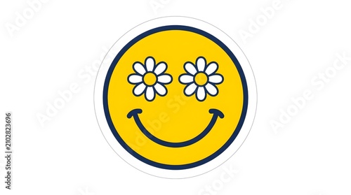 Bold flat vector of a retro smiley face with two small daisy flowers as the eyes instead of dots, simple curved smile line, vivid sunny yellow and white palette, white background, no text, no brand, Y