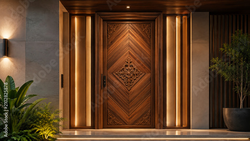 Luxury Chevron Pattern Wooden Front Door with Intricate Carved Mahogany Design for Modern Villa Entrance