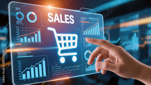 Person using AI-powered digital shopping interface with virtual cart, sales analytics, and modern eCommerce technology dashboard.