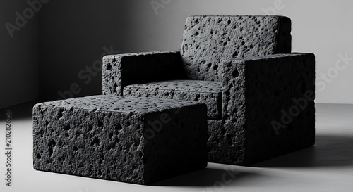 Modern Minimalist Monochrome Basalt Stone Furniture Set with Sculptural Chair and Porous Rock Side Table in Studio Setting