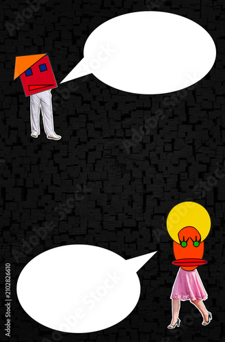 Man and woman. Quirky Couple Collage with Empty Speech Bubbles
