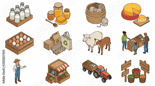 Cuadro en lienzo Colorful isometric illustration of farm life and agriculture.