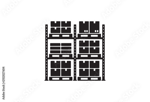 Industrial warehouse shelving unit with cardboard boxes, storage rack with pallets and parcels, logistics inventory icon vector