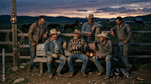 Cowboys share a moment by a fence at sunset on a ranch