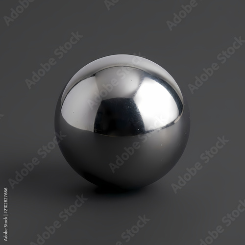 A shiny chrome metal sphere reflecting light on a dark grey surface creating a balanced composition suitable for scientific engineering layouts or industrial concepts involving polished