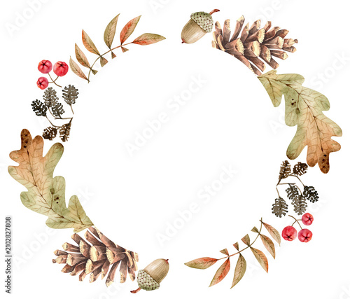 Autumn round frame with leaves, berries, acorns, and pine cones. Autumn botanical holiday decor for invitation cards. Hand-painted watercolor illustration.