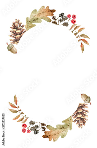 Autumn oval frame with leaves, berries, acorns, and pine cones. Botanical holiday decor for invitation cards. Hand-painted watercolor illustration.