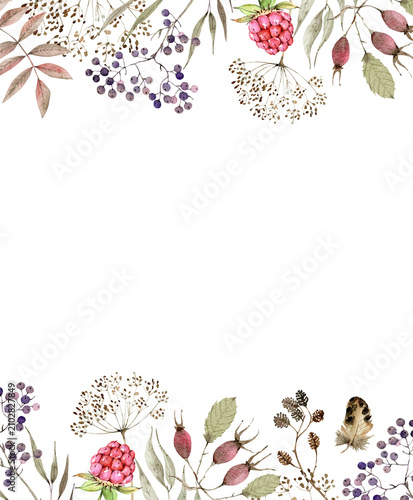 A watercolor frame featuring forest plants, raspberries, and berries. A botanical border with hand-drawn herbs makes for a wedding invitation or greeting card.