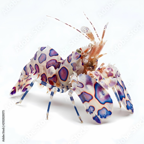 Harlequin shrimp displays vibrant purple and blue spotted camouflage patterns while standing on seabed surfaces to navigate currents and search for sea stars among tropical coral reefs in deep