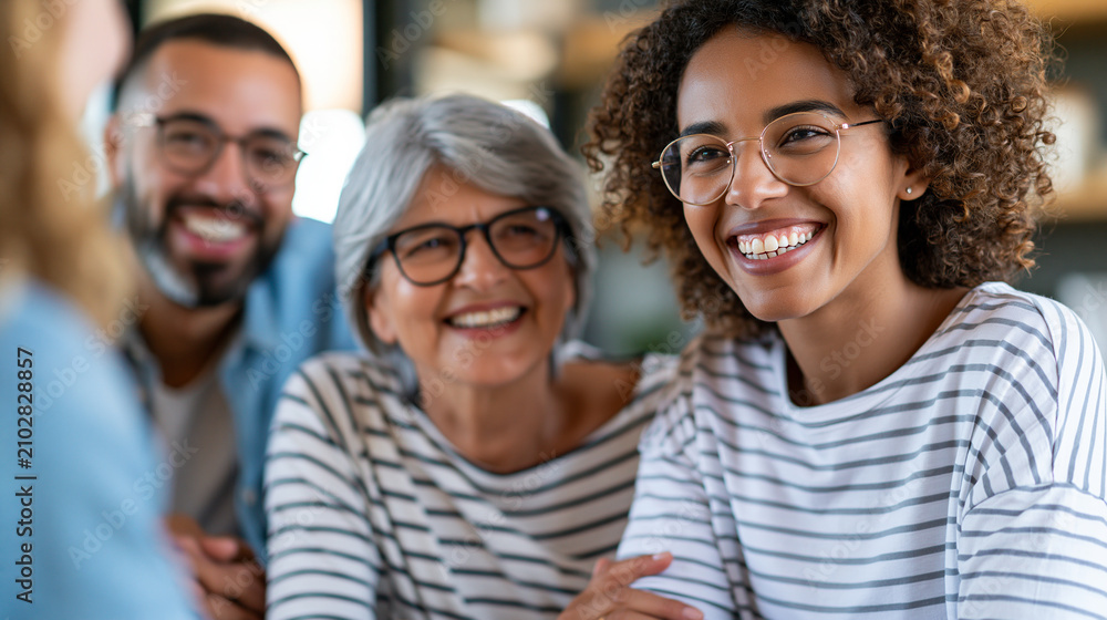 Obraz premium Family gathered together engaged in conversation and activities, multi-generational bonding, warm family moment , with copy space