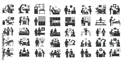 Foto This image is a set of black line icons representing medical equipment, tools, and procedures related to modern surgery and medicine