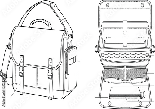 Obraz na płótnie Technical flat sketch vector illustration of messenger bag template showing exte