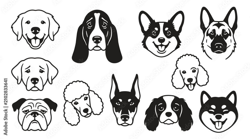 Fototapeta premium Collection of diverse dog breed heads in a simple line art style, including pugs, corgis, and shepherds, perfect for pet-related designs and animal