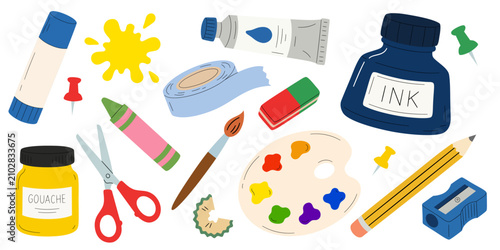 Creative Art Supplies and School Stationery Set. Hand Drawn Vector Illustration of Paint, Brush, Pencil, Scissors, and Ink isolated on White Background