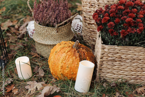 Bild auf Leinwand Rustic autumn scene with a bumpy orange pumpkin, red chrysanthemums, lit candles and woven baskets arranged on grass and fallen leaves, evoking cozy fall decor and seasonal harvest vibes