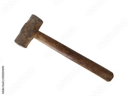 Old rusty sledgehammer with wooden handle isolated on transparent background