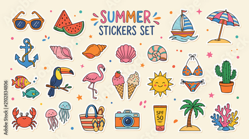 Schilderij op canvas Collection of colorful summer vacation themed stickers including beachwear tropi