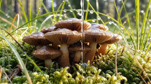 Morning sun illuminates a cluster of small mushrooms with delicate gills growing on moss in a forest.