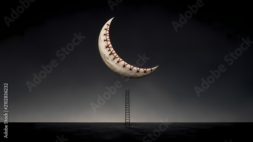 Stitched Crescent Moon Above a Lonely Ladder in a Dark Empty Landscape