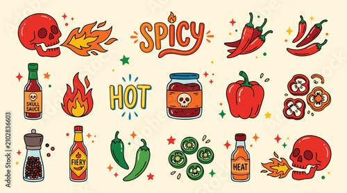 Konstfotografi Collection of spicy food related illustrations featuring chili peppers sauces an