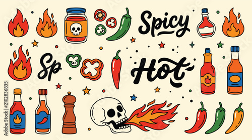 Canvastavla Collection of spicy hot sauce bottles chili peppers flames and a skull spewing f