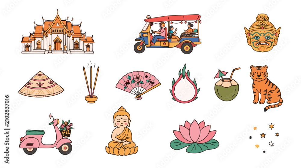 Fototapeta premium Collection of Thai cultural icons and symbols including a temple tuktuk and tiger