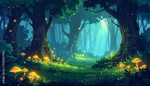 Bioluminescent mushrooms glowing in dark forest at night.