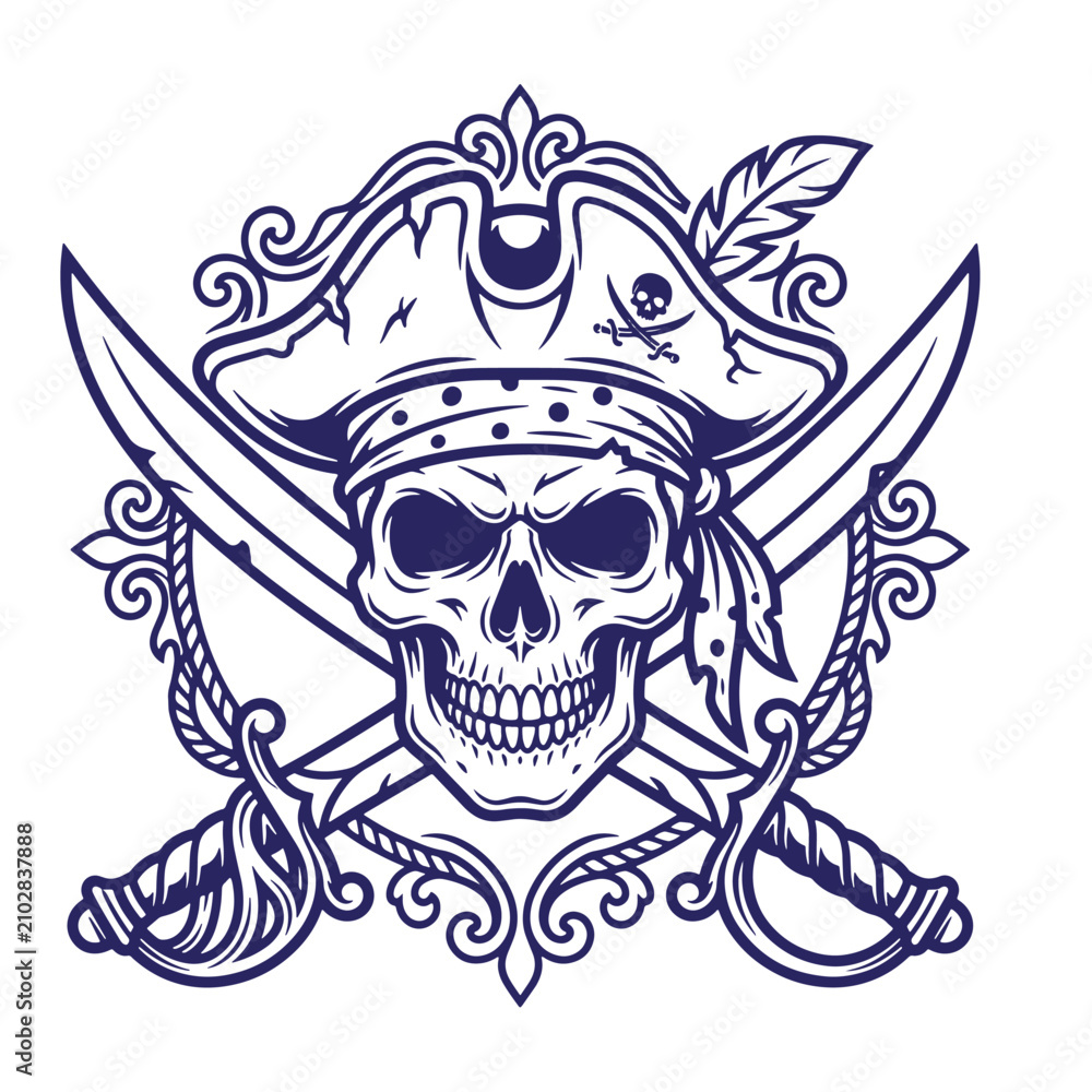 Fototapeta premium A dark blue of a pirate skull wearing a tricorn hat with a feather and a small skull symbol, set against two crossed swords and an ornate decorative frame, white t-shirt poster