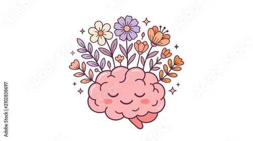 Creative Illustration of a Brain with Flowers and Leaves Growing Out of It.