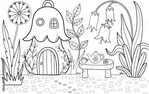 Fairy tale mushroom house with teapot and flowers, coloring page