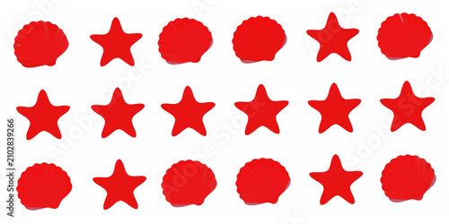Фотография Red Seashells And Stars Pattern On White Background