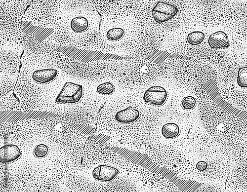 Abstract monochromatic textured background featuring scattered pebbles and rough surfaces, evoking a natural, earthy aesthetic
