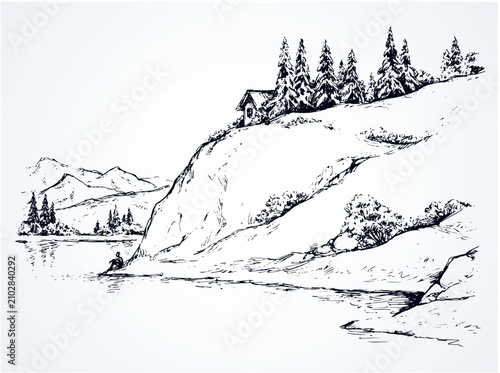 Fotografija Wood pine hut on high riverside cliff