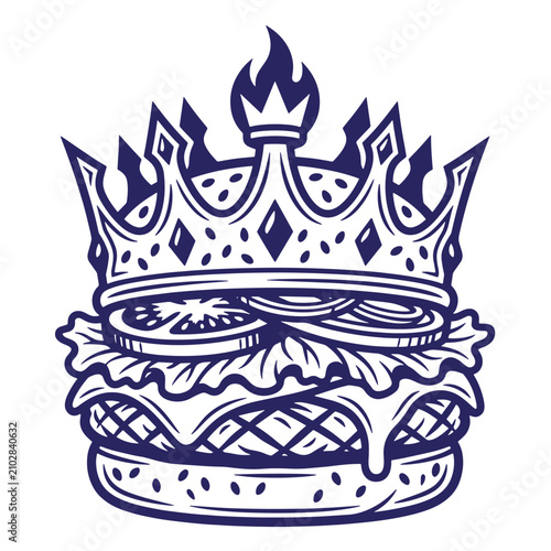 A dark blue line of a juicy cheeseburger topped with a large, ornate crown, t-shirt poster isolated on a white background, symbolizing the king of burgers or a fast food meal concept