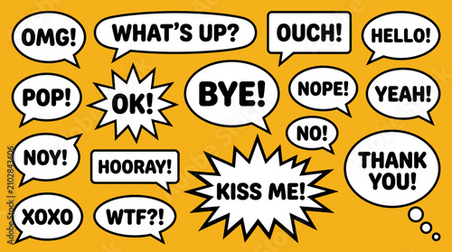Obraz na płótnie Comic Speech Bubbles Set with Pop Art Phrases and Expressions on Yellow Backgrou