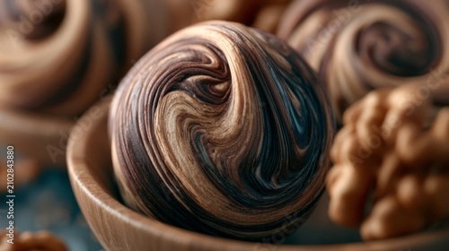 A close-up of a creamy chocolate swirl dessert with nuts, captured in natural lighting with rich color grading.